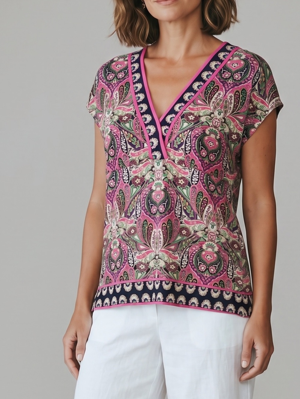 eci short-sleeve top pink Green paisley top Boho preppy spring vacation feminine